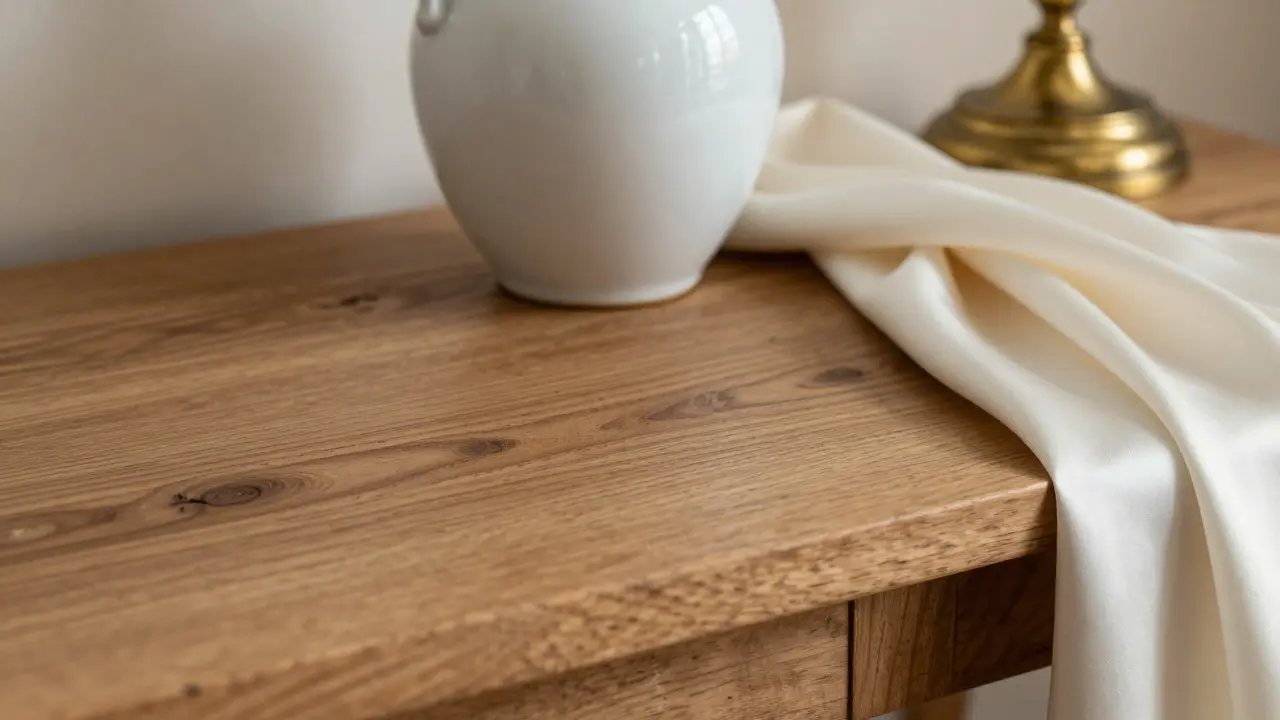 Detail kvalitních materiálů: masivní dřevo, porcelán a mosazné doplňky