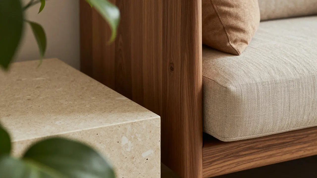 Detail přírodních materiálů jako dřevo, kámen a len v biofilním interiéru