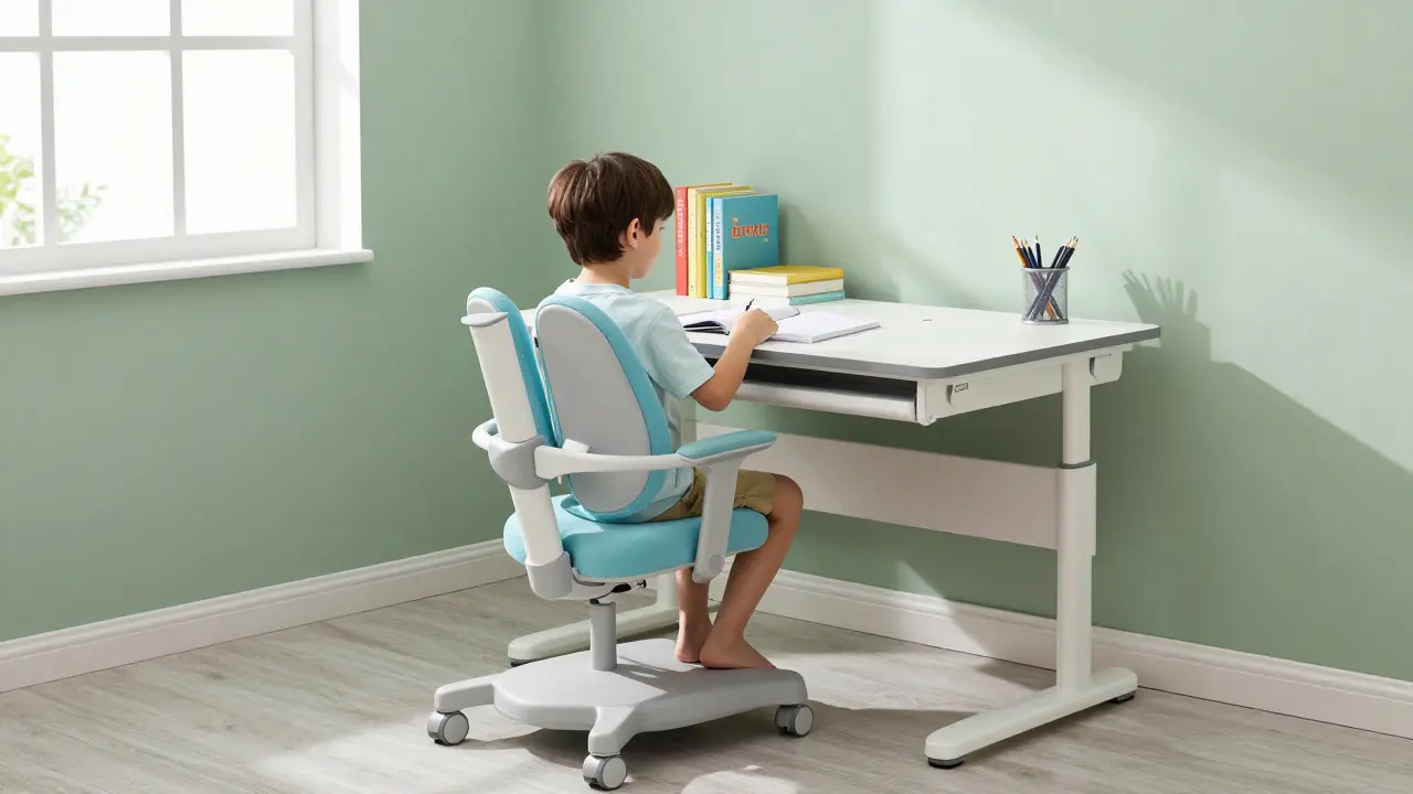 Ergonomické pracovní místo školáka u okna s nastavitelným stolem a židlí