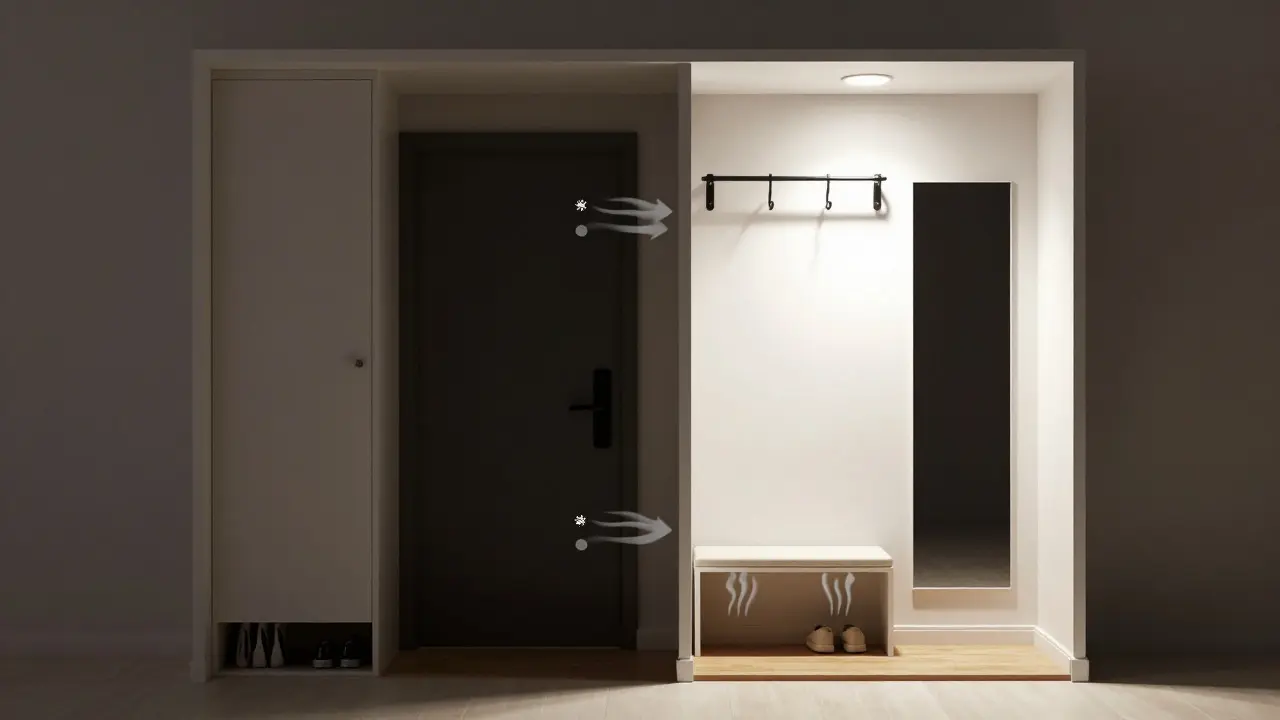 Illustration comparing crowded vs. efficient small entryway layouts