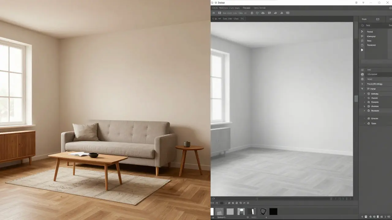Konceptuální ilustrace kombinující fyzický a virtuální home staging