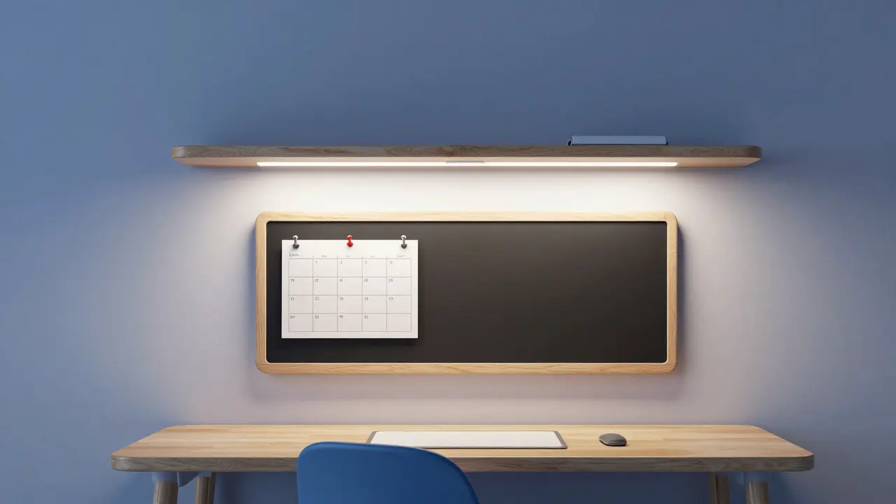 Minimalistická studijní zóna s chytrým osvětlením a magnetickou tabulí pro soustředění.