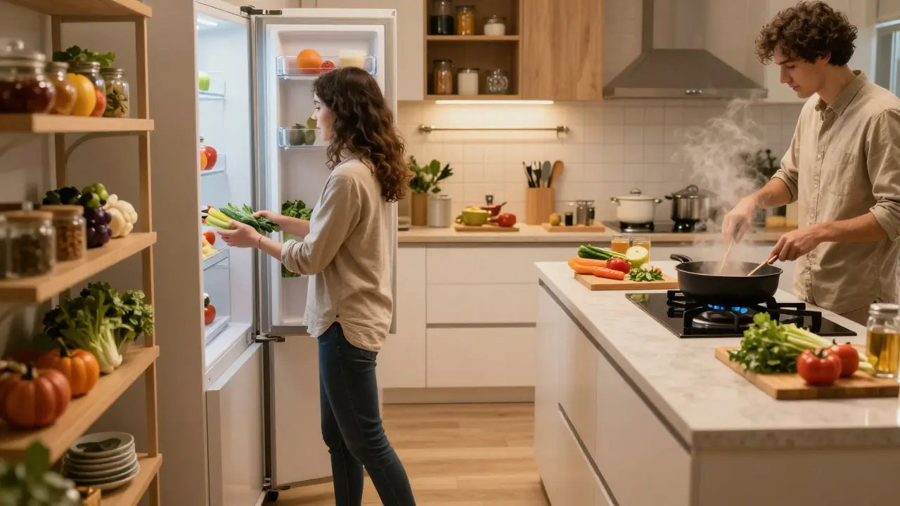 People cooking efficiently in a well-organized kitchen following ergonomic flow
