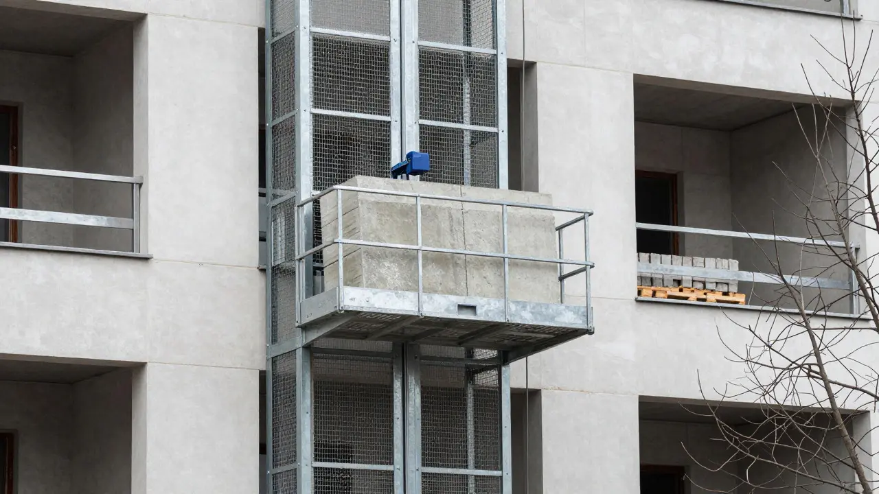 Stavební výtah přepravující těžké materiály po fasádě budovy během rekonstrukce