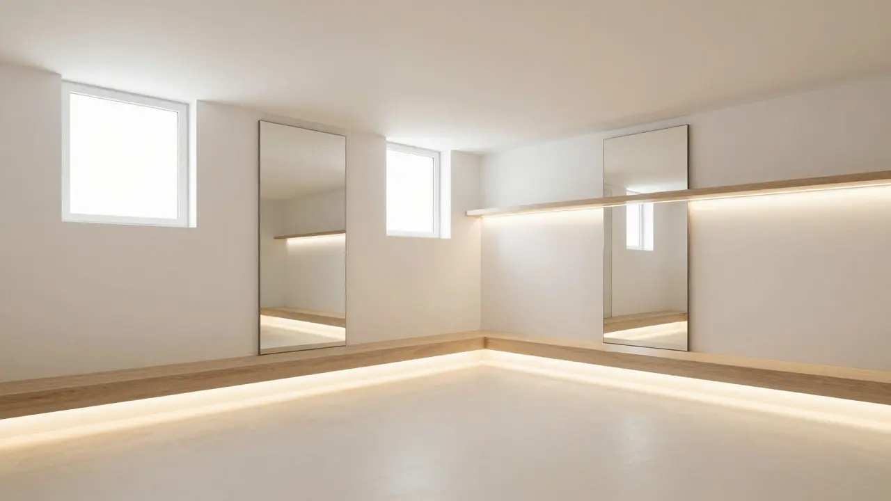 Světlý suterén s moderním osvětlením a zrcadly pro lepší jas