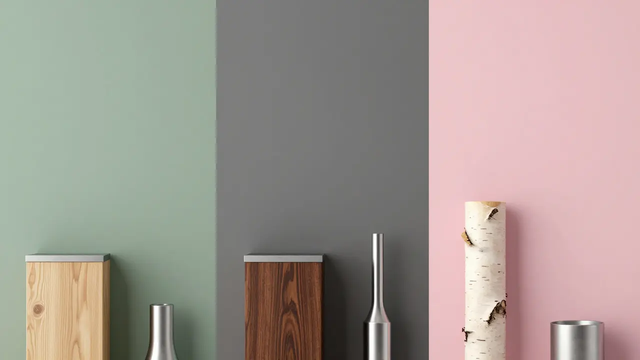 Three interior panels showing sage green, charcoal, and pastel pink walls with different materials