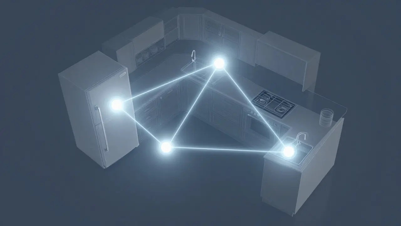 Top-down conceptual diagram of the kitchen work triangle connecting three zones