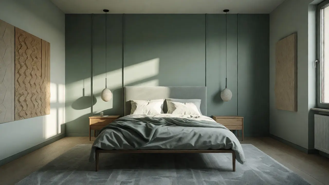 Bed aligned with the north wall in a symmetrical room with pastel colors and acoustic panels for quiet rest.
