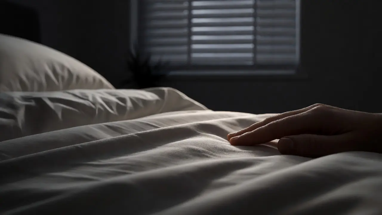 Close-up of textured Egyptian cotton bedding in a dimly lit room with smart blackout blinds in the background.