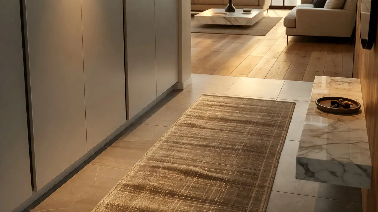 Detail materiálů a textur propojujících vstupní chodbu a obývák