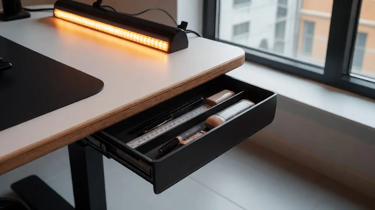 Detailní pohled na laminátovou desku stolu s integrovaným organizérem a teplým LED světlem.