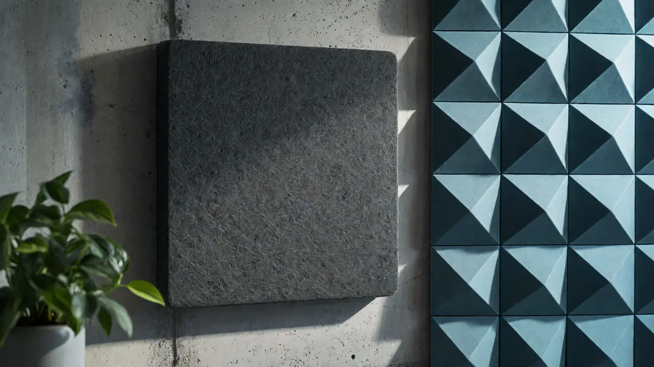 Detailní pohled na texturu recyklovaných PET a 3D akustických panelů
