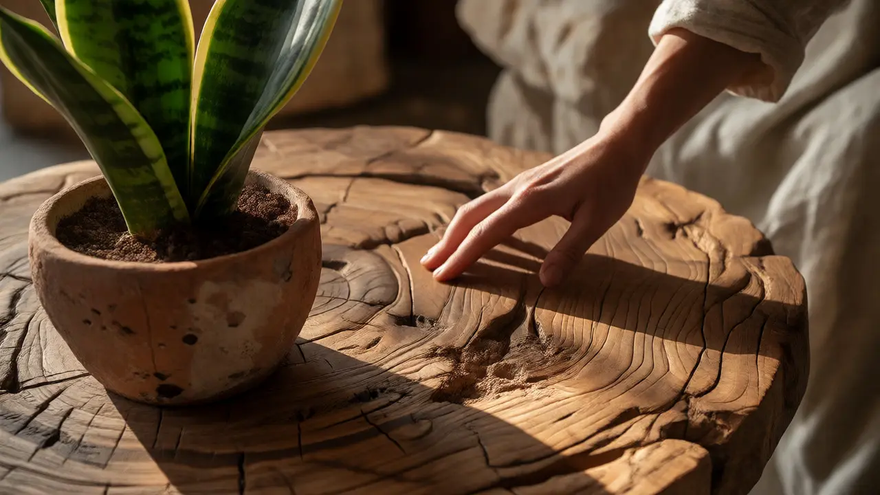 Detailní záběr na dřevěný stůl a rostlinu Sansevieria, důraz na přírodní materiály