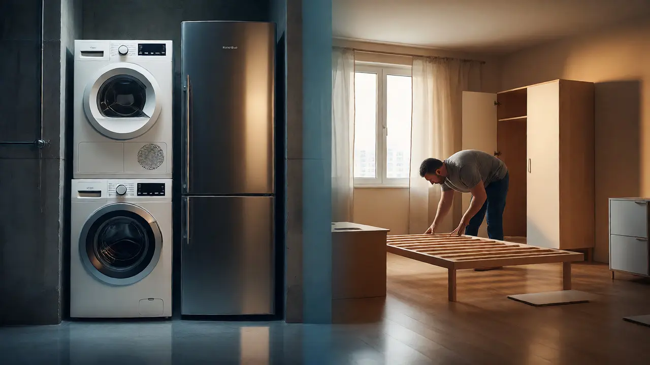 Hybridní řešení bytu s vestavěnými spotřebiči a prostorem pro vlastní nábytek.