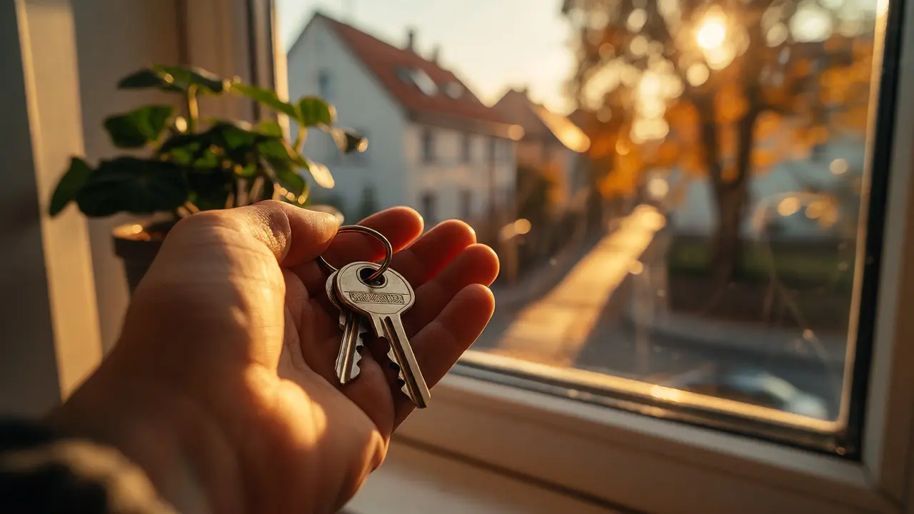 Klíče od nového bytu na parapetu podzimního okna