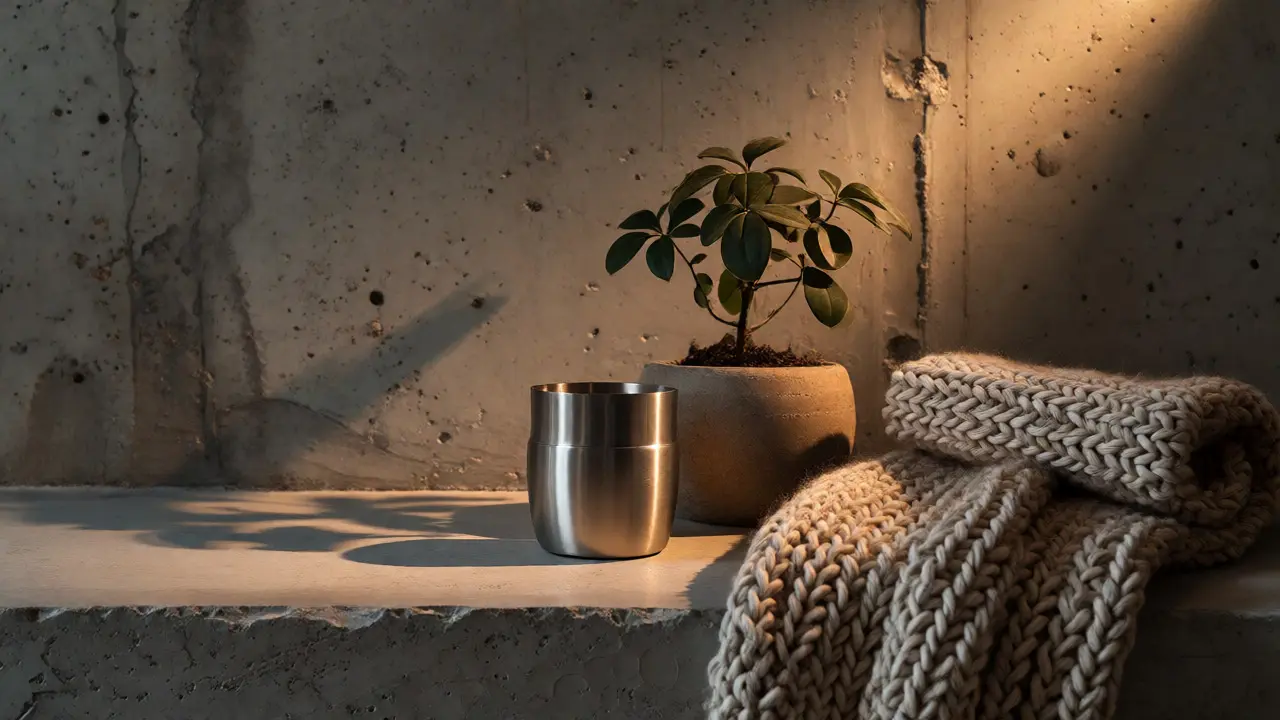 Kontrast betonu, kovu a měkké vlny v industriálním stylu.
