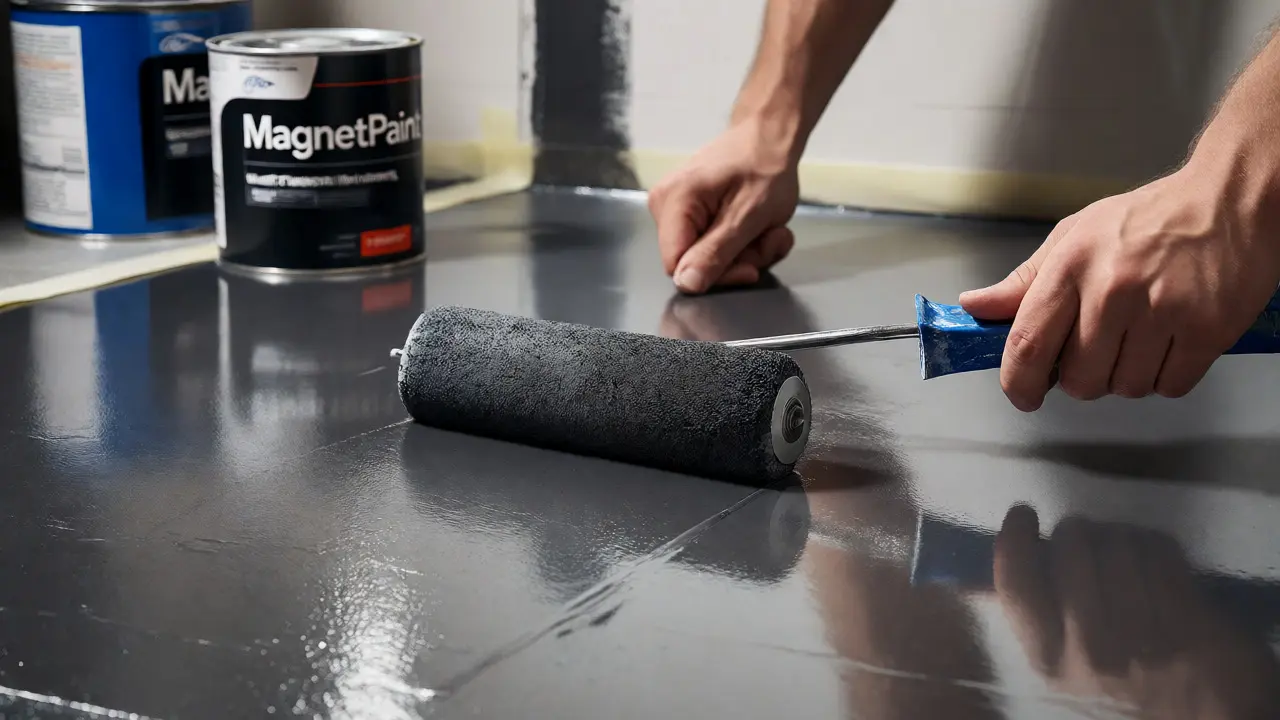 Nanášení magnetické barvy válečkem na zeď při rekonstrukci