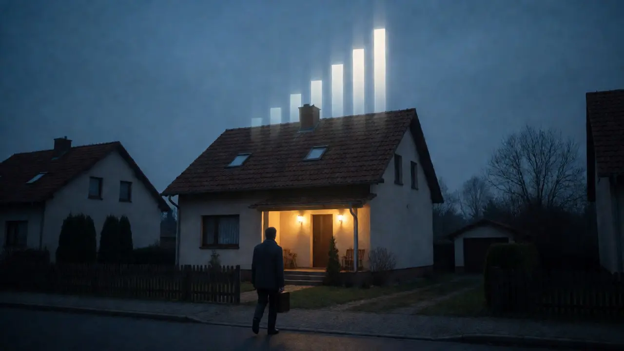 Postava kráčející k domu za soumraku s abstraktním grafem rostoucích nákladů.