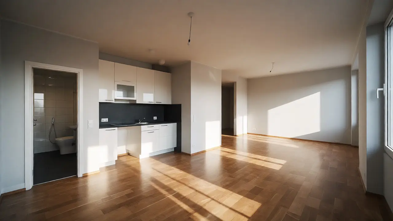 Prázdný nezařízený byt s kvalitní kuchyňskou linkou a parketami.