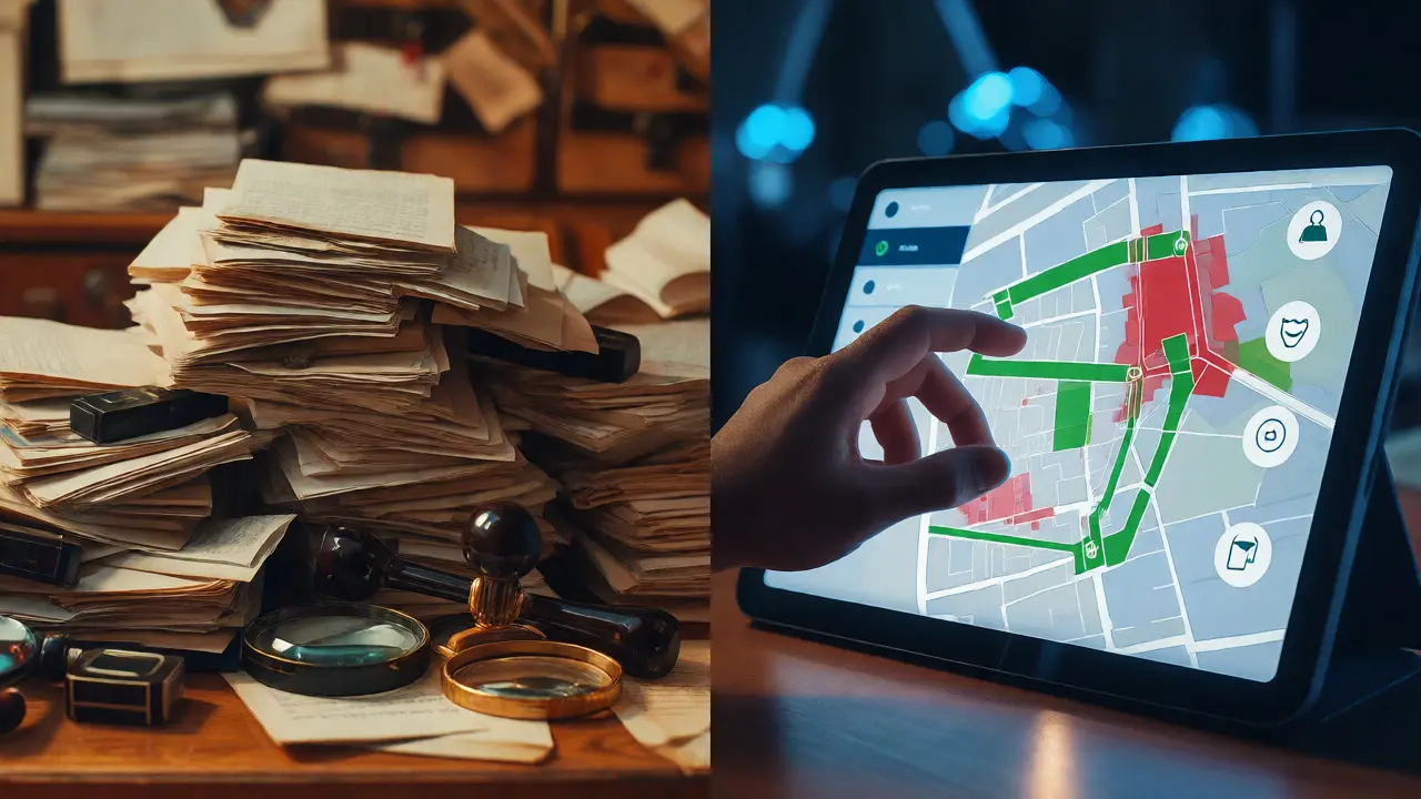 Přechod od papírových dokumentů k digitální správě katastru nemovitostí.