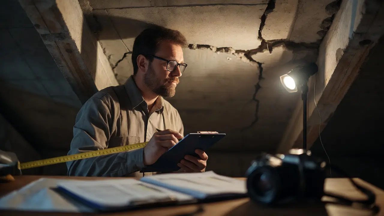 Stavební technik zkoumá vadu nemovitosti