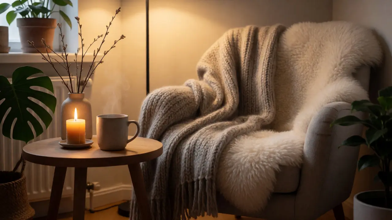 Útulný koutek s hygge atmosférou, svíčkami a měkkými dekami