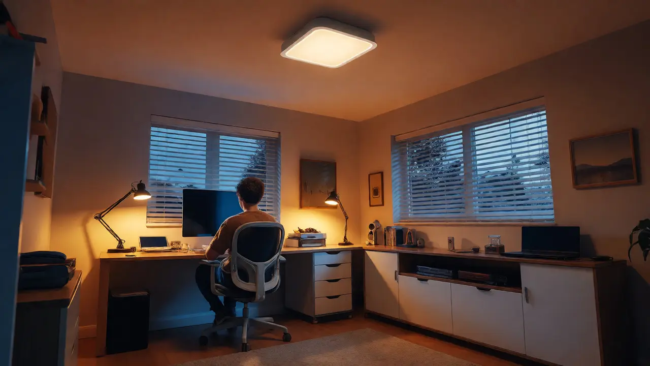 Večerní scéna v pokoji teenagera s ergonomickým pracovním koutem a relaxačním LED osvětlením.