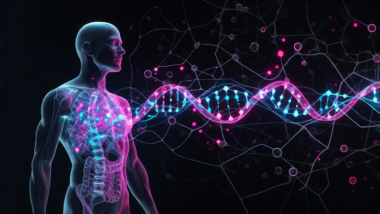 Abstraktní vizualizace molekulárních biomarkerů nahrazujících tradiční anatomické mapy.
