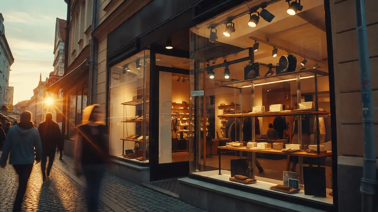 Boutique prodejna na rušné ulici za soumraku