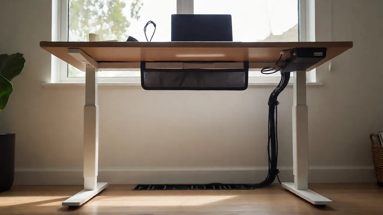 Čistý home office s uspořádanými kabely pod výškově nastavitelným stolem