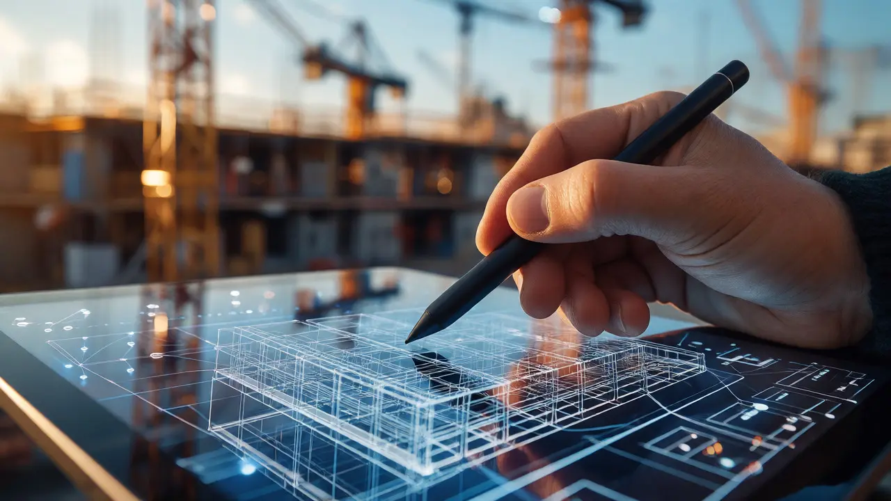 Detailní pohled na digitální projektování budovy na tabletu
