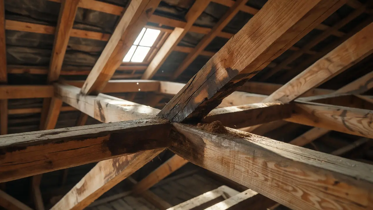 Detailní pohled na dřevěný krov se známkami vlhkosti