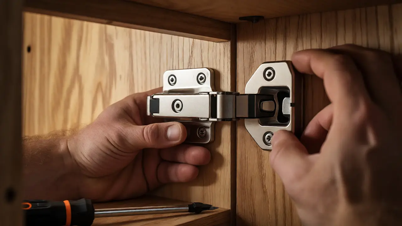 Detailní pohled na montáž push-to-open mechanismu uvnitř korpusu skříně.