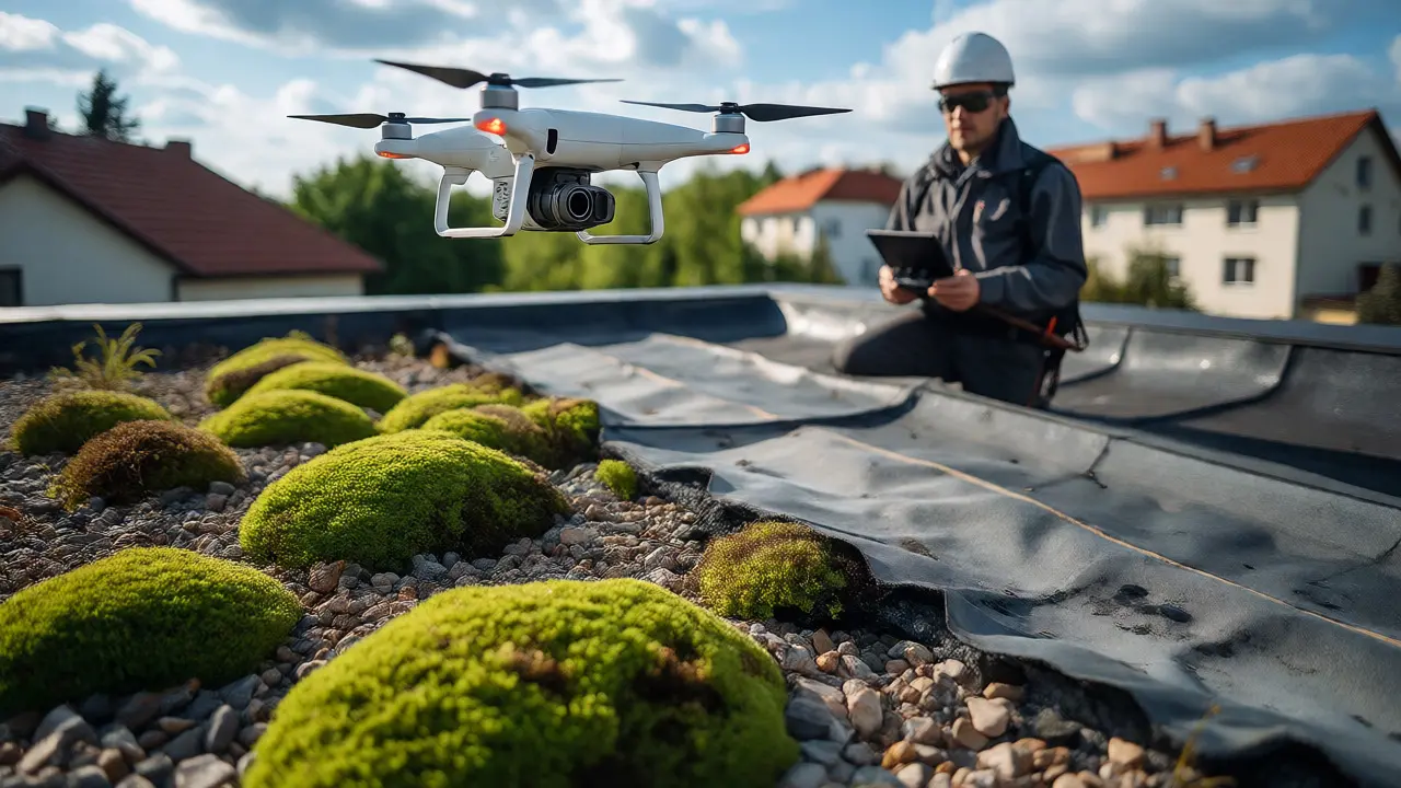 Drone kontroluje plochou střechu s vegetací