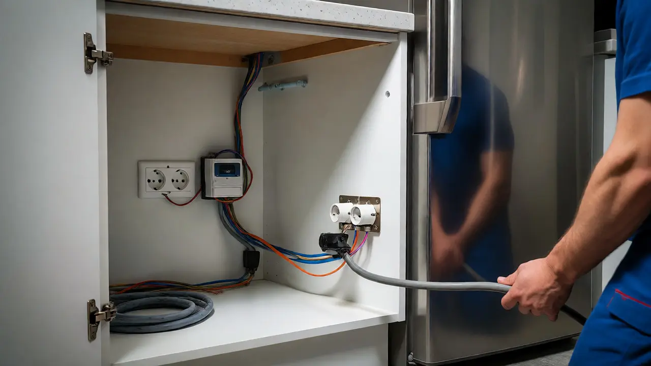 Elektrikář připojuje kabeláž do skříňky vedle lednice pro lepší přístupnost a bezpečnost.