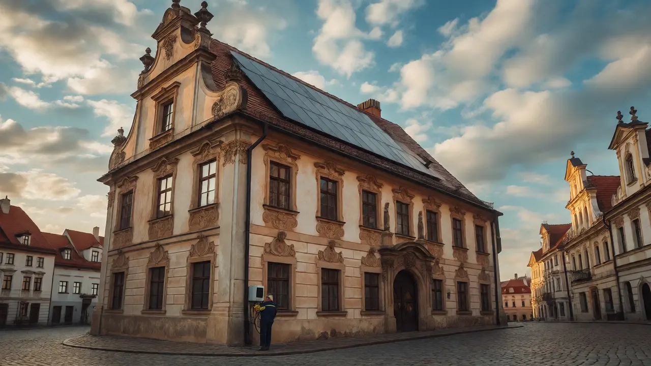 Historická budova s diskrétními solárními panely a připojením k síti