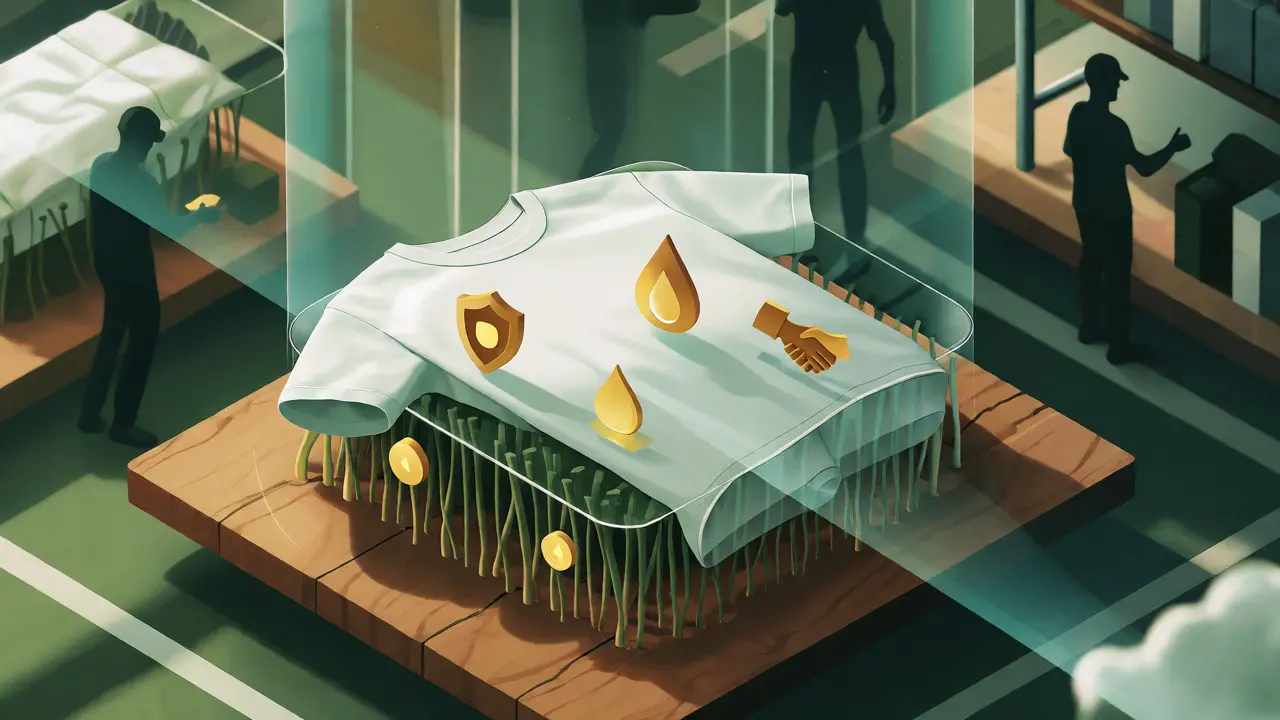 Ilustrace certifikátu GOTS na tričku se symboly čistoty vody, absence toxických látek a férových pracovních podmínek.