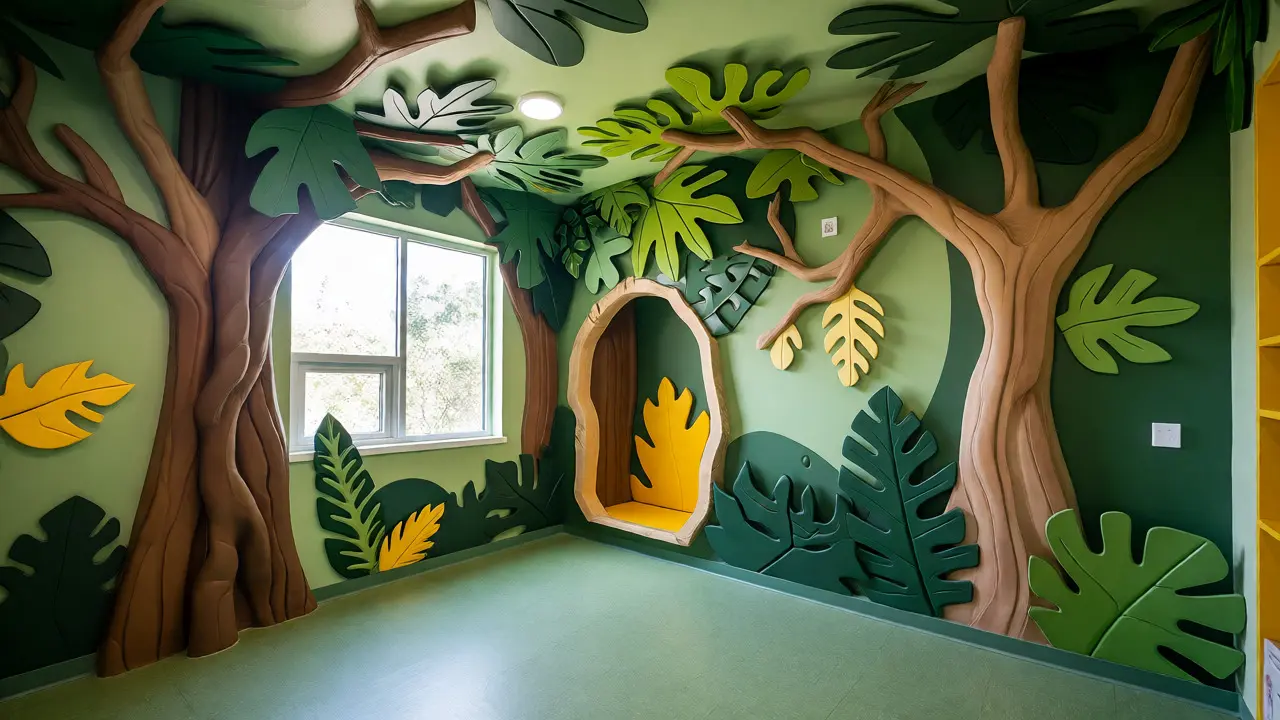 Jungle-themed children's room with green and brown tones, 3D leaf textures, and natural lighting.