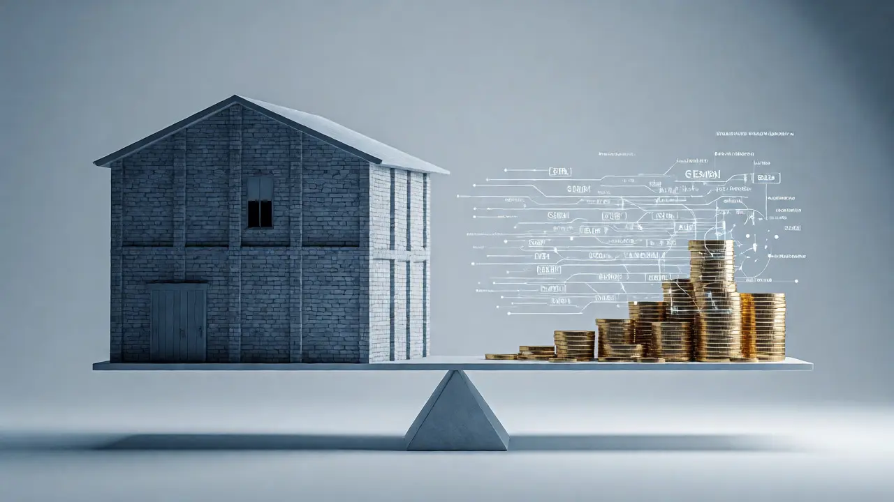 Konceptuální vizualizace rovnováhy mezi nemovitostí jako zástavou a finančními výhodami.