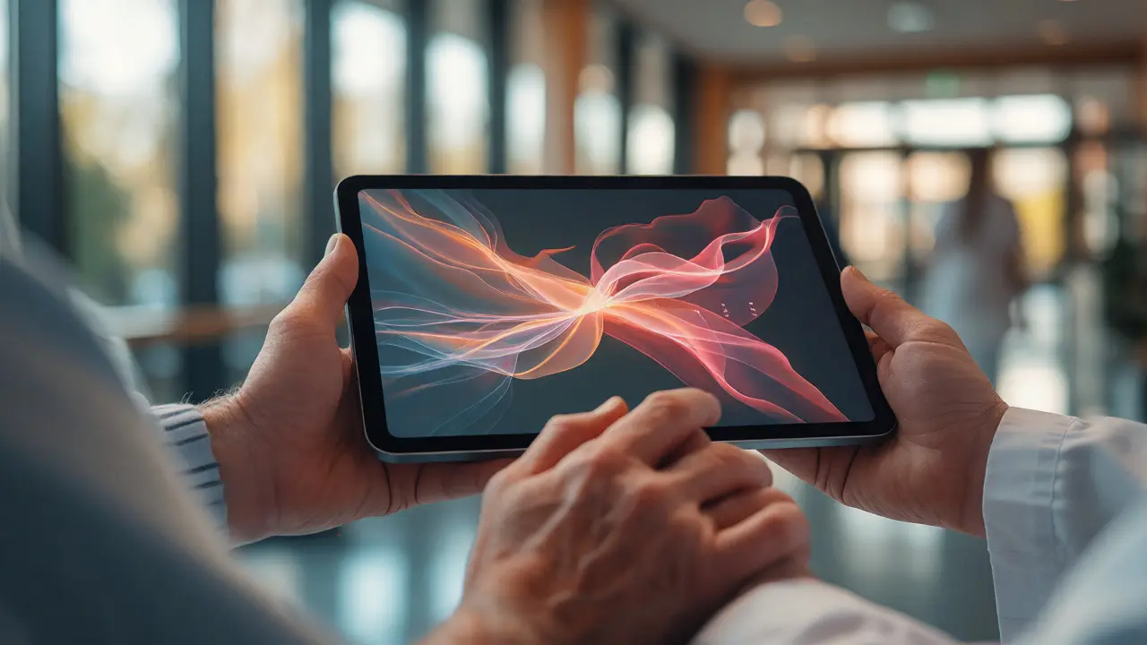 Lékař drží tablet s AI analýzou a ruku pacienta ve světlém nemocničním prostředí.