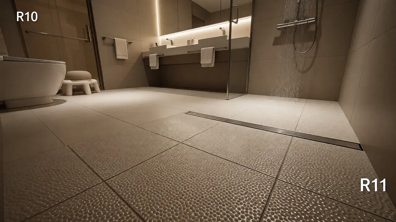 Modern bathroom with walk-in shower using high-grip R11 floor tiles.