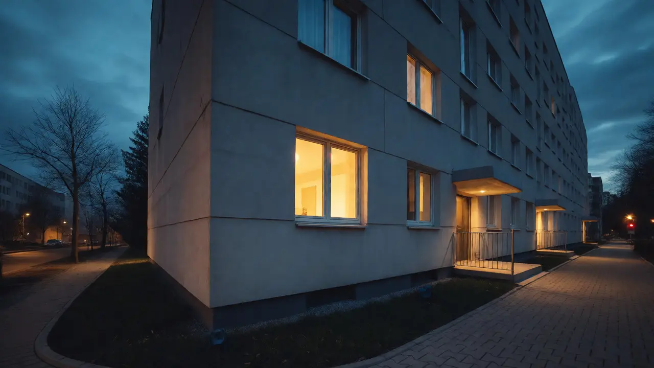 Moderní bytový dům v soumraku s rozsvíceným oknem