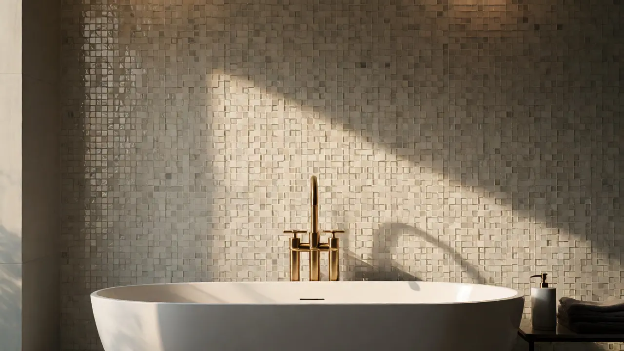 Moderní glam koupelna s kartáčovanými mosaznými prvky a béžovou mozaikou