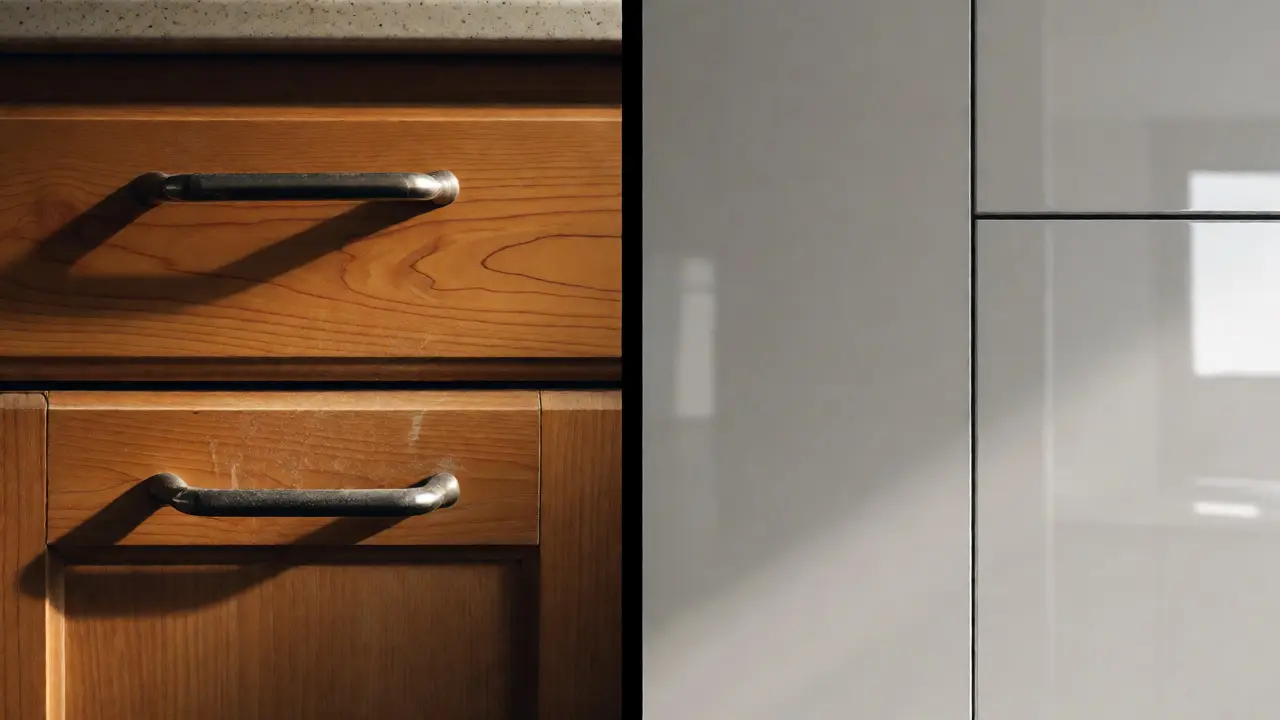 Porovnání staré skříně s madly a nové minimalistické skříně bez úchytů.