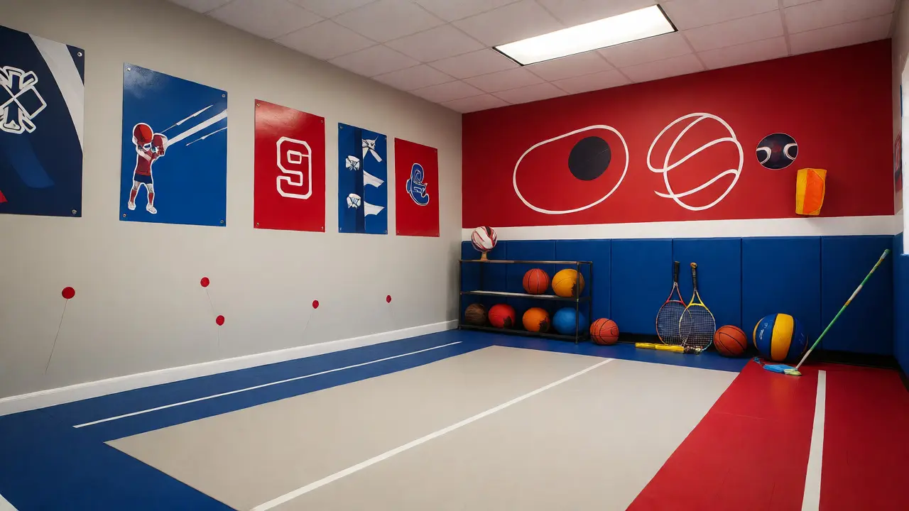 Sportovní dětský pokoj s volným prostorem na cvičení a vyměnitelnými barevnými akcenty.