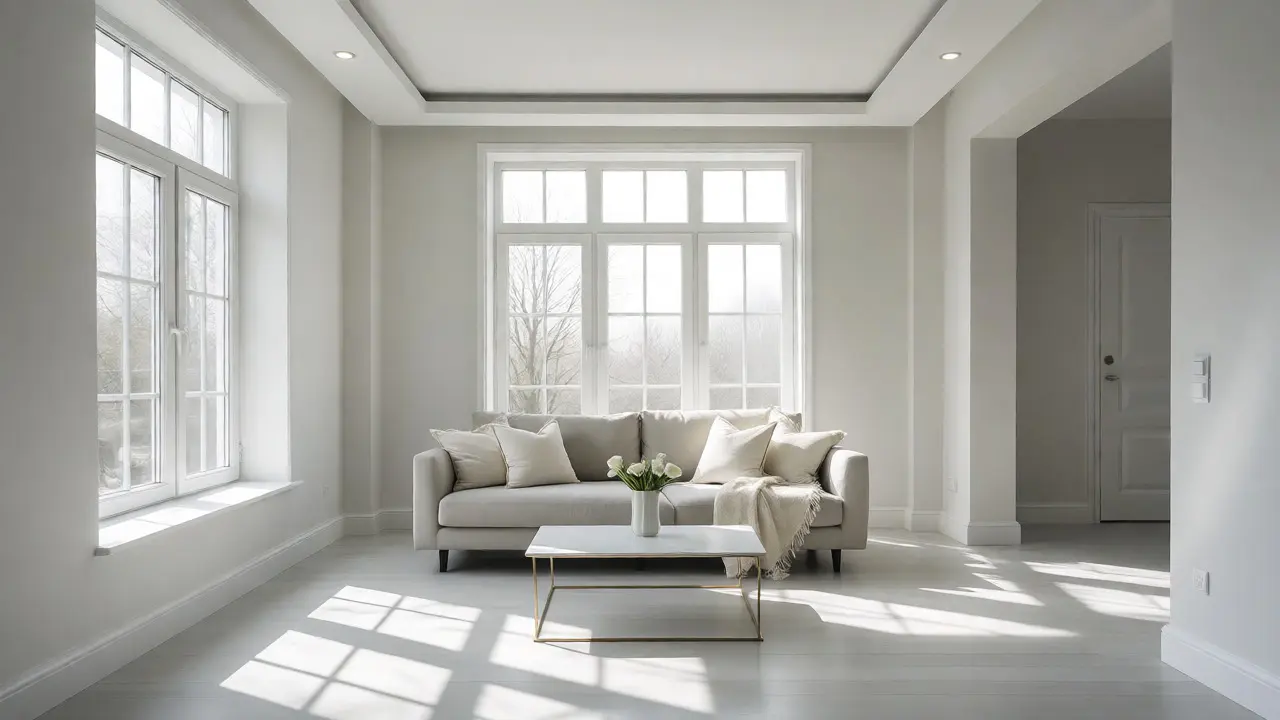 Světlý, minimalistický obývák po vymalování na neutrální barvy