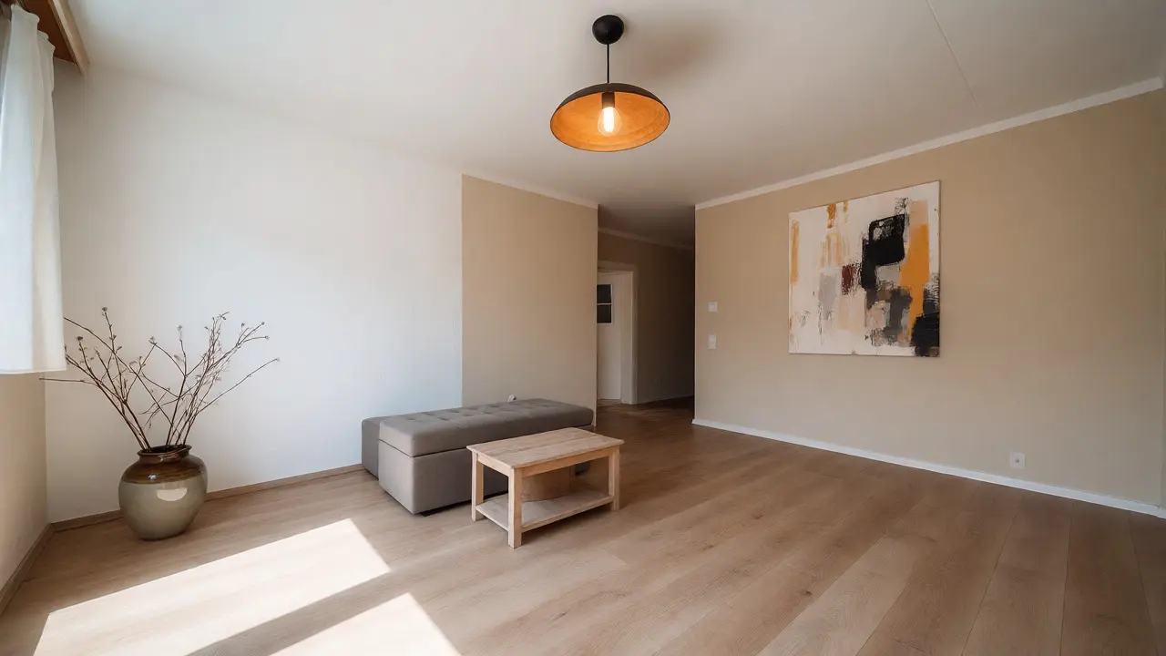 Světlý minimalistický obývák s akcentní stěnou a DIY dekoracemi