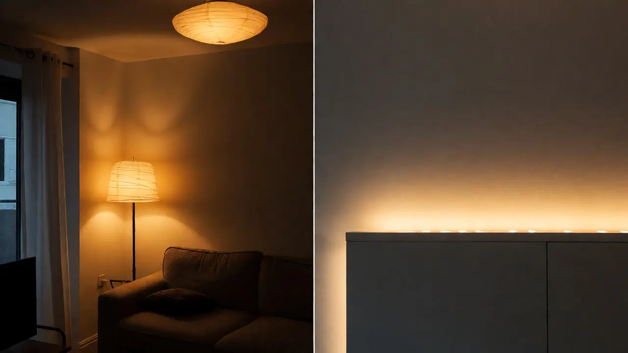 Vrstvené osvětlení s LED páskem a stojací lampou v interiéru